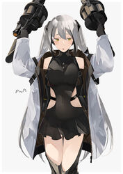  :o alternate_costume arms_up artist_name bare_shoulders black_dress black_gloves blush breasts commission covered_navel destroyer_(girls&#039;_frontline) dress dual_wielding feet_out_of_frame female girls&#039;_frontline gloves grenade_launcher grey_hair gun hair_ornament hairclip highres holding holding_gun holding_weapon jacket long_hair long_sleeves looking_at_viewer mechanical_legs medium_breasts milkor_mgl multicolored_hair open_clothes open_jacket open_mouth sangvis_ferri skeb_commission solo standing streaked_hair sutekina_awa twintails weapon white_background white_jacket yellow_eyes 