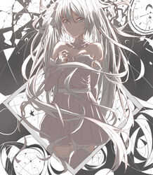  absurdres alternate_eye_color alternate_hair_color arm_behind_back astrolabe bare_shoulders clock courangejar detached_sleeves dress female hatsune_miku highres long_hair looking_at_viewer smile thighhighs twintails very_long_hair vocaloid white_dress white_eyes white_hair 