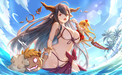  ahoge bandaged_arm bandages bikini black_hair blue_sky breasts cloud commentary_request danua danua_(summer)_(granblue_fantasy) day doll draph female granblue_fantasy gretel_(granblue_fantasy) hair_between_eyes hansel_(granblue_fantasy) highres horns large_breasts layered_bikini long_hair looking_at_viewer navel official_alternate_costume open_mouth outdoors palm_tree partially_submerged red_eyes sky swimsuit tenshin_kagehisa tree white_bikini 