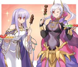  2girls absurdres betabetamaru breasts cheese chocolate cleavage covered_navel dark_persona dress fake_horns fire_emblem fire_emblem:_genealogy_of_the_holy_war fire_emblem_awakening fire_emblem_cipher fire_emblem_heroes food fruit grey_hair grima_(fire_emblem) highres holding holding_skewer horned_headwear horns julia_(fire_emblem) julia_(heart_usurped)_(fire_emblem) large_breasts licking_lips long_hair marshmallow mind_control multiple_girls official_alternate_costume plate possessed purple_hair red_eyes robin_(female)_(fell_tactician)_(fire_emblem) robin_(female)_(fire_emblem) robin_(fire_emblem) see-through see-through_cleavage skewer smile strawberry tongue tongue_out twintails 