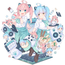  2girls absurdres animal_ears can candy chair christ_signboard commentary_request computer computer_keyboard computer_tower desk fake_animal_ears floppy_disk food guitar highres hoji_(hooooooooji1029) hood hoodie instrument keyboard_(instrument) licking logo lollipop monitor multiple_girls music neko_hacker office_chair open_clothes open_hoodie original screen_light sera_(neko_hacker) sho_(neko_hacker) swivel_chair synthesizer white_hoodie window_blinds 