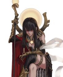  absurdres ankh arm_on_knee arm_up armor black_hair breast_cutout cape commission crossed_legs egyptian egyptian_mythology female gauntlets gold_can highres holding holding_staff long_hair mole mole_under_eye original parted_lips red_eyes sekhmet_(mythology) shoulder_armor single_thighhigh sitting solo staff thighhighs 