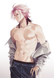  1boy abs black_hair blue_pants collarbone colored_tips cowboy_shot long_sleeves looking_away male_focus multicolored_hair nanatsumori_minoru navel nipples off_shoulder open_clothes open_shirt pants pink_hair profile simple_background solo streaked_hair tmr_tcbn tokimeki_memorial tokimeki_memorial_girl&#039;s_side_4th_heart toned toned_male topless_male twitter_username white_background 