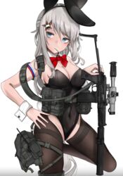  9a-91 9a-91_(girls&#039;_frontline) absurdres alternate_costume animal_ears assault_rifle belt black_leotard black_pantyhose blue_eyes bow bowtie breasts cleavage covered_navel detached_collar fake_animal_ears fake_tail female fte_(fifteen_199) girls&#039;_frontline grey_hair gun hair_ornament hand_on_own_hip highres large_breasts leotard long_hair looking_at_viewer pantyhose playboy_bunny rabbit_ears rabbit_tail red_bow red_bowtie rifle scope simple_background smersh solo star_(symbol) star_hair_ornament strapless strapless_leotard tactical_playboy_bunny tail thighband_pantyhose utility_belt weapon white_background wrist_cuffs 