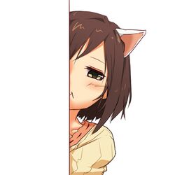  :&lt; animal_ears brown_hair cat_ears cat_girl closed_eyes closed_mouth collarbone commentary_request female forehead green_eyes hiding idolmaster idolmaster_cinderella_girls ito_(itokayu) light_blush looking_back maekawa_miku parted_bangs partial_commentary peeking_out simple_background solo sweater upper_body white_background 