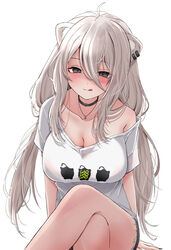  ahoge animal_ears black_choker black_nails black_shorts blush breasts choker cleavage closed_mouth collarbone commentary crossed_legs drooling ear_piercing empty_eyes feet_out_of_frame female grey_hair hair_between_eyes highres hololive jewelry large_breasts licking_lips lion_ears lion_girl long_hair looking_at_viewer nail_polish necklace nerorigogo no_bra off_shoulder official_alternate_costume piercing saliva shaded_face shirt shishiro_botan shishiro_botan_(casual) short_shorts short_sleeves shorts sidelocks simple_background single_bare_shoulder sitting smile solo ssrb_(shishiro_botan) t-shirt tongue tongue_out virtual_youtuber white_background white_shirt 