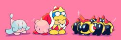  3:1 ambiguous_gender anthro avian bird black_body black_skin blue_eyes blue_hair clothing falinks generation_8_pokemon group hair hair_over_eyes hat hatenna headgear headwear hi_res horn king_dedede kirby kirby_(series) long_hair male nintendo penguin pink_body pokemon pokemon_(species) rariatoo smile waddling_head 