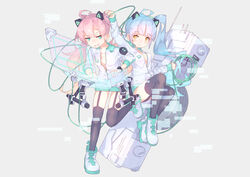  2girls animal_ears black_bra bra can candy christ_signboard commentary_request computer computer_keyboard computer_tower desk fake_animal_ears floppy_disk food guitar highres hoji_(hooooooooji1029) hood hoodie instrument keyboard_(instrument) licking logo lollipop long_hair monitor multiple_girls music neko_hacker open_clothes open_hoodie screen_light sera_(neko_hacker) sho_(neko_hacker) synthesizer underwear white_hoodie window_blinds 