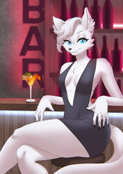  5_fingers alcohol anthro arms_bent bar bar_stool bent_legs beverage black_clothing black_dress black_nails black_nose blue_eyes blue_pupils bottle breasts canid canine canis cheek_tuft chest_tuft clothed clothing cocktail collarbone colored colored_nails container crossed_legs dark_pupils detailed_background digital_media_(artwork) dress eyebrows eyelashes facial_tuft female fingernails fingers front_view fur fur_tuft furniture hair hi_res humanoid_hands inner_ear_fluff inside iris leg_over_thigh light lighting looking_at_viewer mammal medium_breasts monotone_body monotone_fur monotone_hair monotone_tail nails narrowed_eyes on_stool pink_inner_ear portrait pupils sasha_(trebl900) shaded sideless_clothing sideless_dress sitting sitting_on_stool small_waist smile snout solo stool supported_arms tail three-quarter_portrait three-quarter_view tuft white_body white_ears white_eyebrows white_fur white_hair white_tail wolf zanzagen 