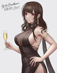  alcohol armlet bare_shoulders black_dress blunt_bangs blush breasts brown_hair champagne champagne_flute character_name cleavage commentary_request copyright_name cowboy_shot cup dress drinking_glass dsr-50_(girls&#039;_frontline) dsr-50_(highest_bid)_(girls&#039;_frontline) earrings evening_gown female girls&#039;_frontline hand_on_own_hip highres holding holding_cup jewelry large_breasts long_hair looking_at_viewer official_alternate_costume parted_lips red_eyes ring see-through see-through_cleavage selcky signature simple_background sleeveless sleeveless_dress smile solo white_background 