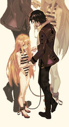  1boy absurdres alternate_costume bad_id bad_pixiv_id black_hair blonde_hair blue_eyes bound bound_legs collar cuffs female handcuffs highres isaac_foster jacket key leotard long_hair looking_at_another pants rachel_gardner restrained satsuriku_no_tenshi shackles striped_clothes striped_leotard very_long_hair ying_yi zoom_layer 