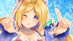  ;o aki_rosenthal aki_rosenthal_(sleepwear) blonde_hair blush bob_cut breasts checkered_background cleavage collarbone commentary_request detached_hair enatsu female finger_frame hair_ornament headgear highres hololive long_hair low_twintails official_alternate_costume one_eye_closed open_mouth parted_bangs purple_eyes short_hair solo star_(symbol) starry_background twintails virtual_youtuber 