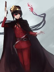  1boy absurdres aito black_hair cape closed_mouth fate/grand_order fate_(series) gloves hat highres long_hair male_focus military military_hat military_uniform oda_nobukatsu_(fate) red_eyes simple_background smile solo uniform 