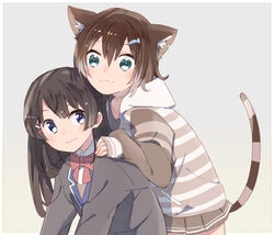  2girls :3 animal_ear_fluff animal_ears black_hair blue_eyes bow bowtie brown_hoodie brown_jacket brown_skirt cat_ears closed_mouth collared_shirt commentary_request fish_hair_ornament fumino_tamaki fumino_tamaki_(1st_costume) green_eyes grey_background hair_between_eyes hair_ornament hairclip hand_on_another&#039;s_shoulder hood hoodie jacket long_hair long_sleeves looking_at_another multiple_girls nijisanji red_bow red_bowtie school_uniform shirt short_hair simple_background skirt sleeves_past_wrists smile sou_(tuhut) striped_clothes striped_hoodie tail tsukino_mito tsukino_mito_(1st_costume) virtual_youtuber white_shirt 