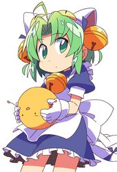  1other animal_hat apron back_bow bell bow cat_hat cat_tail dejiko di_gi_charat female gema gloves green_eyes green_hair hair_bell hair_ornament hat highres holding jingle_bell maid maid_apron ribbon roku_no_hito simple_background tail tail_ornament tail_ribbon white_gloves 