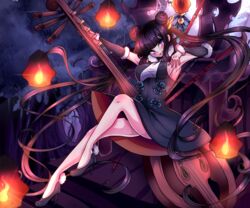  absurdres black_dress china_dress chinese_clothes commentary_request detached_sleeves double_bun dress fate/grand_order fate_(series) female flute foxisdrawing hair_bun hair_ornament highres instrument leaf_hair_ornament long_hair lychee pipa_(instrument) purple_hair sidelocks twintails very_long_hair yang_guifei_(fate) yang_guifei_(first_ascension)_(fate) 