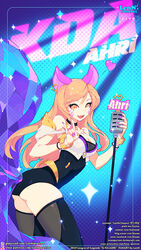  :d ahri_(league_of_legends) animal_ears artist_name black_footwear boots breasts character_name cleavage earrings female fox_ears fox_girl fox_tail heart holding holding_microphone_stand jewelry k/da_(league_of_legends) k/da_ahri league_of_legends lenn_sparrow leotard long_hair looking_at_viewer looking_back microphone_stand open_mouth smile solo tail thigh_boots 