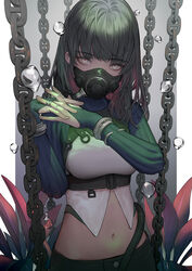  air_bubble bracelet bubble chains female fingernails gradient_background green_hair jewelry long_hair mask mgg_(x_arte) mouth_mask multicolored_hair navel original own_hands_together plant purple_pupils red_hair ring rust solo tube white_eyes 