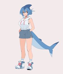  absurdres azuumori blue_hair casual commentary drawstring english_commentary female fish_tail full_body grey_shorts hair_between_eyes hands_in_pockets highres hood hood_down hoodie mako_(azuumori) original pink_eyes shark_fin shark_girl shark_tail shoes short_hair shorts simple_background sleeveless sleeveless_hoodie smile socks solo standing tail white_background white_hoodie 