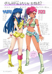  1980s_(style) 2girls ballpoint_pen_(medium) blue_hair boots breasts check_translation cleavage commentary_request crop_top dark_skin dirty_pair dynamite energy_gun explosive gloves gun headband high_heel_boots high_heels holding holding_gun holding_weapon kei_(dirty_pair) knee_boots lined_paper maguta measurements medium_breasts midriff multiple_girls navel partially_translated ray_gun red_hair reference_sheet retro_artstyle short_shorts shorts single_glove standing three_sizes traditional_media translation_request weapon yellow_footwear yellow_gloves yuri_(dirty_pair) 