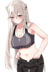  adjusting_clothes adjusting_legwear animal_ears black_eyes black_pants blush breasts cleavage closed_mouth commentary cowboy_shot dog_tags ear_piercing female frown grey_hair grey_sports_bra hair_between_eyes highres hololive jewelry large_breasts lion_ears lion_girl lion_tail long_hair looking_at_viewer navel necklace nerorigogo o-ring official_alternate_costume open_fly pants piercing raised_eyebrow shishiro_botan shishiro_botan_(button-down) simple_background solo sports_bra standing stomach striped striped_sports_bra sweatdrop tail underwear vertical-striped_sports_bra virtual_youtuber weight_conscious white_background 