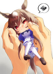  1other animal_ears blush bow bowtie breasts brown_footwear brown_hair closed_mouth female fingernails hair_between_eyes highres horse_ears horse_girl horse_tail kitsune_yuki large_breasts loafers long_hair looking_at_viewer mini_person minigirl multicolored_hair purple_shirt red_eyes school_uniform shirt shoes sirius_symboli_(umamusume) skirt spoken_squiggle squiggle streaked_hair summer_uniform tail thighhighs tracen_school_uniform umamusume v-shaped_eyebrows white_hair white_skirt white_thighhighs 