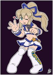  android blonde_hair blue_ribbon blush boots border capcom commentary female frilled_bracelet full_body green_eyes hair_ribbon high_heels high_ponytail holding holding_microphone ian_dimas idol long_hair mega_man_(classic) mega_man_(series) microphone midriff miniskirt navel one_eye_closed open_mouth ponytail ribbon roll_(mega_man) sidelocks simple_background skirt sleeveless smile solo thigh_boots thighhighs white_border zettai_ryouiki 