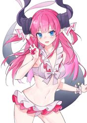  :d asymmetrical_horns blue_eyes chinese_commentary commentary corset curled_horns dragon_girl dragon_horns dragon_tail elizabeth_bathory_(beach_bloody_demoness)_(fate) elizabeth_bathory_(fate) elizabeth_bathory_(fate/extra_ccc) fate/grand_order fate_(series) female horns idol long_hair luozhou_pile oerba_yun_fang official_alternate_costume open_mouth pink_hair plaid plaid_skirt pointy_ears skirt smile striped_clothes striped_headwear tail tail_raised uneven_horns vertical-striped_clothes vertical-striped_headwear 