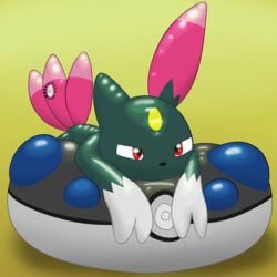  1:1 animate_inanimate balloon-quilava digital_media_(artwork) feral generation_2_pokemon grumpy heavy_ball hexatoy hi_res inflatable living_inflatable looking_at_viewer lying nintendo pokeball pokemon pokemon_(species) pool_toy simple_background sneasel 