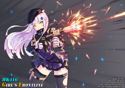  artist_name assault_rifle beret black_dress black_thighhighs character_name closed_mouth dress female firing girls&#039;_frontline gloves green_eyes grey_background gun h&amp;k_hk416 hair_ornament hat hk416_(girls&#039;_frontline) holding holding_gun holding_weapon lenn_sparrow long_sleeves looking_at_viewer rifle solo teardrop_tattoo thighhighs weapon white_gloves white_hair 