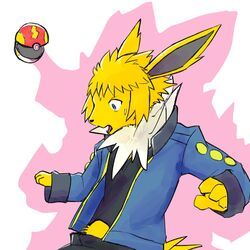  1:1 2022 3_fingers 4_fingers after_transformation blonde_hair blue_eyes bodily_fluids bottomwear clothing digital_drawing_(artwork) digital_media_(artwork) eeveelution fangs fast_ball fingers fur generation_1_pokemon glowing gym_leader hair half-length_portrait hi_res implied_transformation jacket jolteon long_ears male mid_transformation neck_tuft nintendo open_mouth outline pants pokeball pokemon pokemon_(species) portrait shirt shocked simple_background small_nose solo species_transformation spikey_tail spiky_hair surprise sweat sweatdrop teeth thunder topwear transformation transformation_by_pokeball tuft tyogebou volkner_(pokemon) white_background yellow_body yellow_fur 