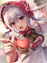  ahoge apron blush bow feeding female grey_hair hair_between_eyes highres holding holding_spoon inari_kei incoming_food maid maid_apron maid_headdress matoi_(pso2) open_mouth phantasy_star phantasy_star_online_2 plate pov red_eyes sidelocks solo spoon sweatdrop twintails 