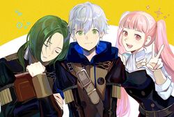  2boys ashe_ubert belt book closed_eyes closed_mouth commentary_request female fire_emblem fire_emblem:_three_houses freckles garreg_mach_monastery_uniform green_eyes green_hair grey_hair hilda_valentine_goneril holding holding_book hood hood_down hugging_book hugging_object kyufe linhardt_von_hevring long_hair long_sleeves multiple_boys open_mouth parted_lips pink_eyes pink_hair short_hair simple_background sleeping twintails uniform upper_body v 