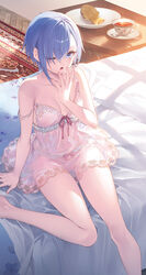  ;o arm_support asymmetrical_hair bare_legs bare_shoulders bed bedroom blue_eyes blue_hair bow bow_panties breasts chemise chestnut_mouth cleavage collarbone cup feet_out_of_frame female floral_print food frilled_panties frills hair_over_one_eye hand_to_own_mouth hand_up highres indoors lace_trim light_particles lingerie looking_at_viewer medium_breasts morning navel novel_illustration official_art on_bed one_eye_closed open_mouth panties pillow pink_bow pink_nails pink_ribbon plate ribbon rose_print rug sakuya_sieglinde saucer see-through seiken_gakuin_no_maken_tsukai short_hair sitting solo spoon straight_hair strap_slip sunlight table taiyaki tea teacup thighs third-party_source toosaka_asagi underwear underwear_only wagashi waking_up white_chemise window_shadow yawning 