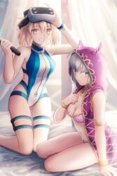  2girls bed_sheet bikini blonde_hair breasts cleavage closed_mouth collarbone competition_swimsuit cosplay curtains fate/grand_order fate_(series) frilled_bikini frills gray_(fate) green_eyes grey_hair highres holding hood hooded_jacket jacket jewelry kama_(chocolate_heaven)_(fate) kama_(fate) kama_(fate)_(cosplay) koha-ace lens_flare light_particles lord_el-melloi_ii_case_files medium_breasts multiple_girls necklace okita_souji_(fate) okita_souji_(koha-ace) one-piece_swimsuit open_clothes open_jacket parody pink_bikini pink_jacket shoori_(migiha) short_hair sleeveless sleeveless_jacket style_parody swimsuit takeuchi_takashi_(style) thigh_strap tomoe_gozen_(fate) tomoe_gozen_(swimsuit_saber)_(fate) tomoe_gozen_(swimsuit_saber)_(fate)_(cosplay) tomoe_gozen_(swimsuit_saber)_(first_ascension)_(fate) wristband yellow_eyes 