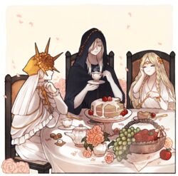  3boys ^_^ androgynous apple black_hood black_robe blonde_hair chair chewing circlet closed_eyes crown cup dark_souls_(series) dark_souls_i dark_souls_iii dark_sun_gwyndolin donar0217 dress eating elden_ring falling_petals flower food fork fruit fruit_basket grapes hand_on_own_cheek hand_on_own_face holding holding_cup icing lothric_(younger_prince) miquella_(elden_ring) multiple_boys otoko_no_ko pastry petals pink_ribbon ribbon robe sitting spoon strawberry sugar_cube table teacup teapot tiara white_dress white_hair white_robe 