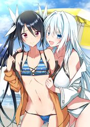  2girls :d beach bikini black_hair blue_bikini blue_eyes blue_sky breasts closed_mouth cloud commentary_request day flat_chest hair_ribbon highres large_breasts long_hair looking_at_viewer multiple_girls navel ocean open_mouth ore_twintail_ni_narimasu outdoors parasol red_eyes ribbon sky smile swimsuit tsube_aika twintails twoearle umbrella white_bikini white_hair white_ribbon yuto_(dialique) 