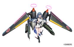  aircraft airplane arm_at_side ash_arms black_footwear blue_hair boots breasts copyright_notice detached_sleeves dress female fringe_trim full_body groin hair_between_eyes halo hand_up highres knee_boots large_breasts legs_apart lino_chang long_hair long_sleeves looking_at_viewer military_vehicle official_art p1y_ginga_(ash_arms) pelvic_curtain pink_eyes raised_eyebrows rigging roundel short_dress shoulder_boards side_slit sidelocks simple_background sleeveless sleeveless_dress solo tachi-e thighs white_background white_dress white_sleeves 