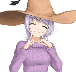  borrowed_character brown_headwear chaesu closed_eyes eyebrows_visible_through_hair female hat highres index_finger_raised knit_sweater original purple_hair purple_sweater shadow short_hair simple_background smile solo sweater white_background witch_hat 