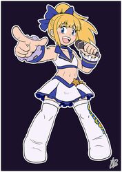  :d android blonde_hair blue_bow blue_eyes blunt_bangs blush boots border bow commentary female frilled_bracelet full_body hairbow high_ponytail holding holding_microphone ian_dimas idol long_hair mega_man_(classic) mega_man_(series) microphone midriff miniskirt navel open_mouth pointing pointing_at_viewer ponytail ribbon roll_(mega_man) simple_background skirt smile solo standing thigh_boots thighhighs white_border zettai_ryouiki 