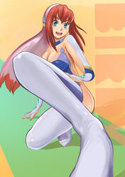  bad_id bad_pixiv_id birdy_cephon_altera blue_eyes blue_leotard boots breasts cleavage commentary_request female gloves large_breasts leotard long_hair looking_at_viewer mikemoru multicolored_hair open_mouth photoshop_(medium) red_hair smile solo tetsuwan_birdy_decode thigh_boots thighhighs two-tone_hair 