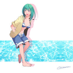  aqua_hair baggy_shorts barefoot bikini bikini_top_only female gallop5 hands_in_pockets hood hoodie long_hair ocean open_mouth original purple_eyes shorts sleeves_rolled_up slouching smile summer swimsuit 