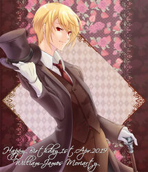  1boy black_hat black_vest blonde_hair brown_background cane character_name dated floral_background formal gloves happy_birthday hat hinxminx holding holding_clothes holding_hat light_smile male_focus necktie red_eyes red_necktie solo standing suit unworn_hat unworn_headwear vest white_gloves william_james_moriarty yuukoku_no_moriarty 