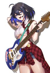  :d absurdres barcode barcode_tattoo blue_eyes blue_hair blue_shorts bob_cut breasts cleavage clothes_around_waist earrings electric_guitar female gibson_sg guitar highres holding holding_instrument honkai_(series) honkai_impact_3rd instrument jacket jacket_around_waist jewelry large_breasts looking_at_viewer necktie open_mouth red_jacket red_necktie seele_vollerei shirt shorts simple_background sleeveless sleeveless_shirt smile tattoo thighs tutou_jiang underboob white_background white_shirt 