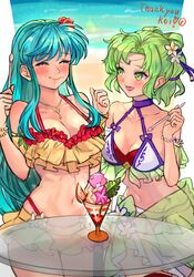  2girls aqua_hair bikini blush breasts collarbone commentary_request commission commissioner_name eirika_(fire_emblem) eirika_(summer)_(fire_emblem) fire_emblem fire_emblem:_the_sacred_stones fire_emblem_heroes flower food food_on_face glass_table green_eyes green_hair hair_flower hair_ornament highres holding holding_spoon ice_cream_spoon jewelry l&#039;arachel_(fire_emblem) l&#039;arachel_(summer)_(fire_emblem) layered_bikini looking_at_another multiple_girls navel necklace official_alternate_costume parfait r123 red_bikini skeb_commission spoon swimsuit table thank_you two-tone_bikini white_bikini yellow_bikini 