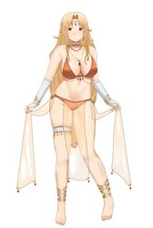  absurdres bad_id bad_twitter_id barefoot bikini blonde_hair blush bracelet breasts bridal_gauntlets brigid_(fire_emblem) brown_eyes commission dancer female fire_emblem fire_emblem:_genealogy_of_the_holy_war full_body harem_outfit headpiece highres jewelry large_breasts long_hair necklace nvl orange_bikini see-through simple_background solo swimsuit thigh_strap underwear white_background 