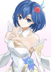  absurdres asagao_21 blue_eyes blue_flower blue_hair blue_rose breasts bride catria_(bridal)_(fire_emblem) catria_(fire_emblem) choker cleavage detached_sleeves dress female fire_emblem fire_emblem:_mystery_of_the_emblem fire_emblem_heroes flower hair_flower hair_ornament headband highres looking_at_viewer medium_breasts rose short_hair simple_background solo strapless strapless_dress wedding wedding_dress 