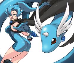  ass bad_id bad_pixiv_id bare_legs black_cape blue_hair breasts cape clair_(pokemon) cleanerjay commentary cowboy_shot dragonair female from_behind green_eyes hair_between_eyes high_ponytail highres long_hair looking_back lower_teeth_only open_mouth poke_ball pokemon pokemon_(creature) pokemon_hgss sideboob simple_background teeth v-shaped_eyebrows white_background 