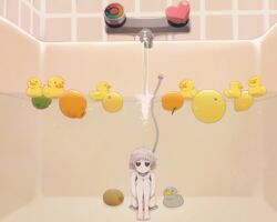  bare_legs barefoot bathtub brown_eyes commentary female food fruit fruit_on_liquid grey_hair heart hugging_own_legs kiwi_(fruit) knees_to_chest knees_up lemon lime_(fruit) looking_at_viewer mandarin_orange orange_(fruit) original personification rubber_duck short_hair solo water yajirushi_(chanoma) 