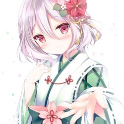  blush bow cherry_blossoms closed_mouth commentary_request elf female flower green_bow green_kimono grey_hair hair_between_eyes hair_flower hair_ornament hands_up japanese_clothes kimono kokkoro_(new_year)_(princess_connect!) kokkoro_(princess_connect!) long_sleeves looking_at_viewer miko pink_flower pointy_ears princess_connect! red_eyes red_flower ribbon_trim shirogane_hina short_hair simple_background smile solo two-tone_kimono upper_body white_background white_flower white_kimono wide_sleeves 